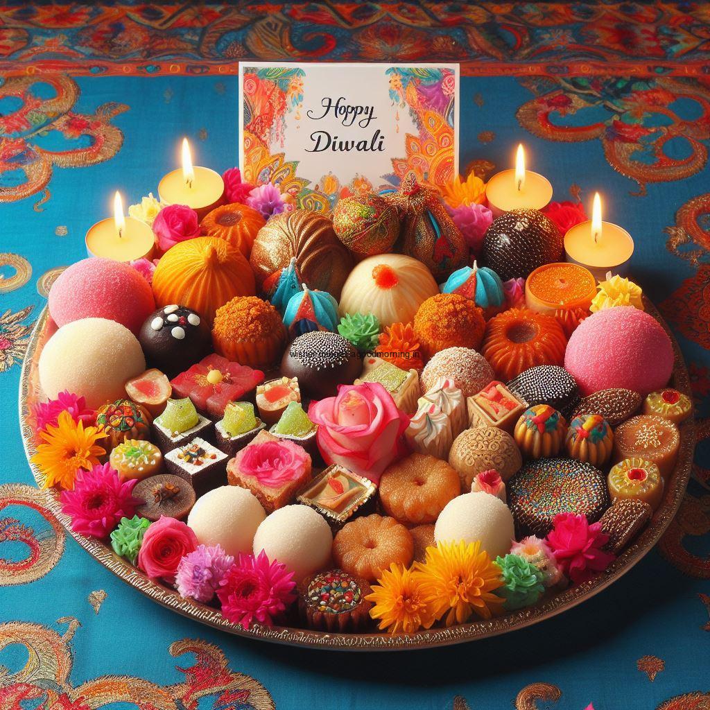 blue background sweet plate in the hand with rangloi happy diwali image placed in the middle