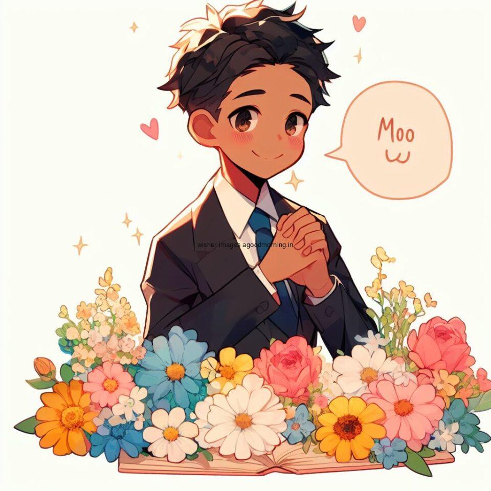 brown boy anime in the flowers with white background good morning love images