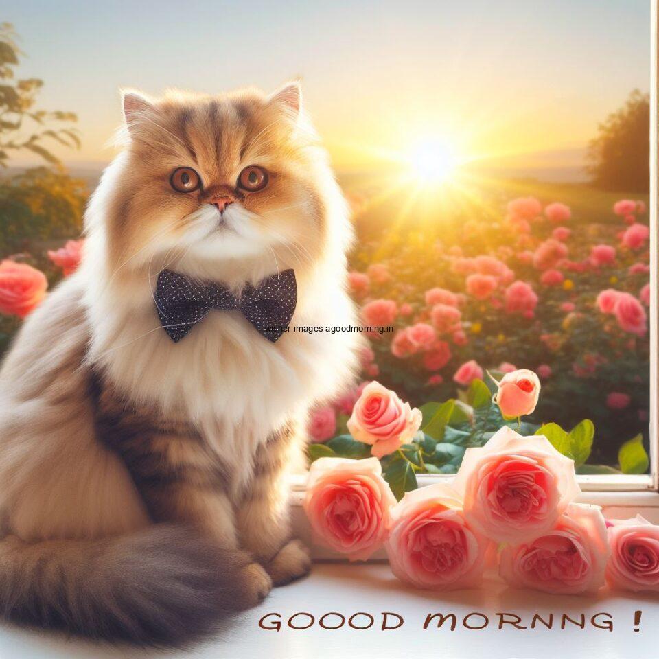 brown cat seating on table with flower in the pot hd good morning image