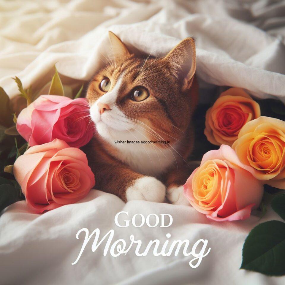 brown cat sleeping on bed with many flower hd good morning image