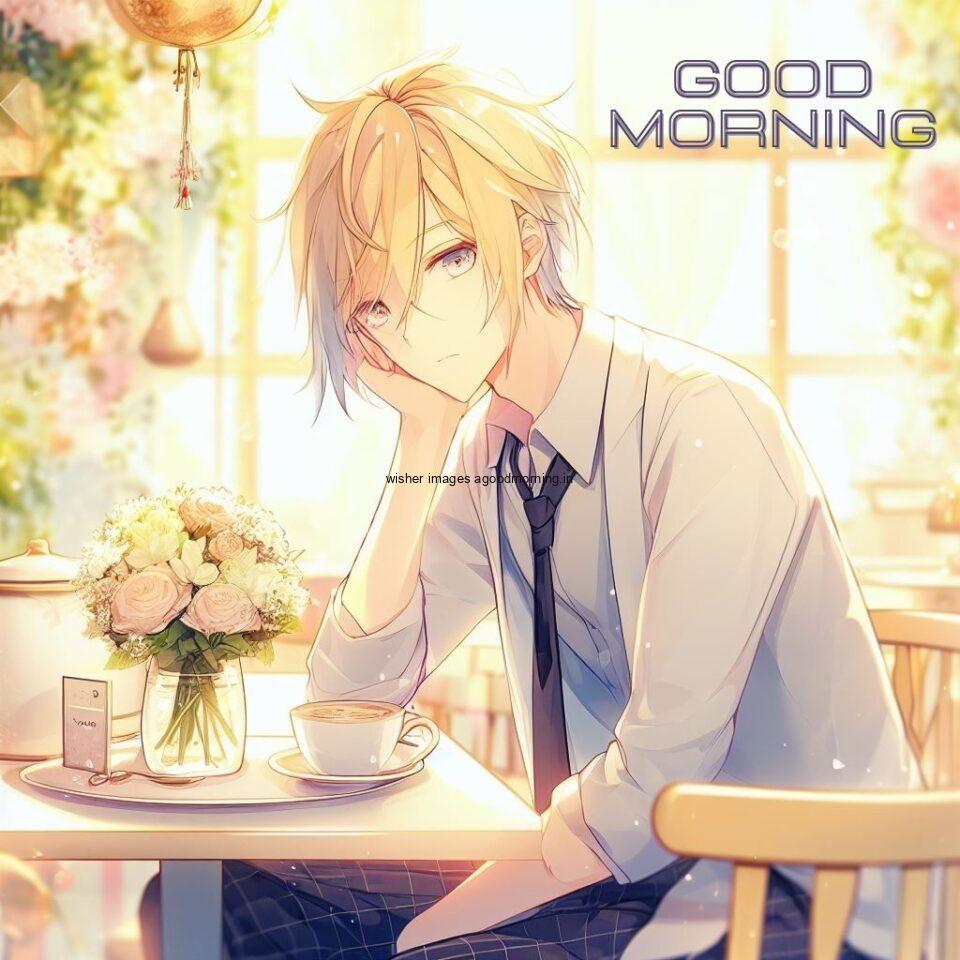 brown dress wearing the anime boy and seating sunlight comes from the window with good morning love image