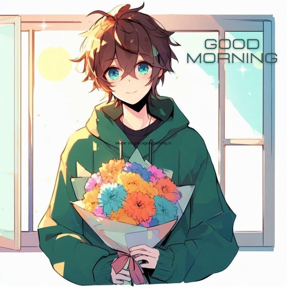 brown dress wearing the anime boy the boy earing the green dress sunlight comes from the window with good morning love image