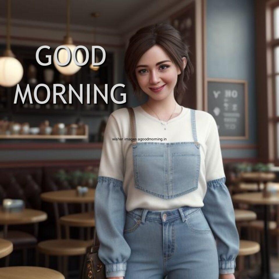 cafe cute girl seating in table and smile jeans dress wearing standing in the cafe with cute eyes Hd good morning images