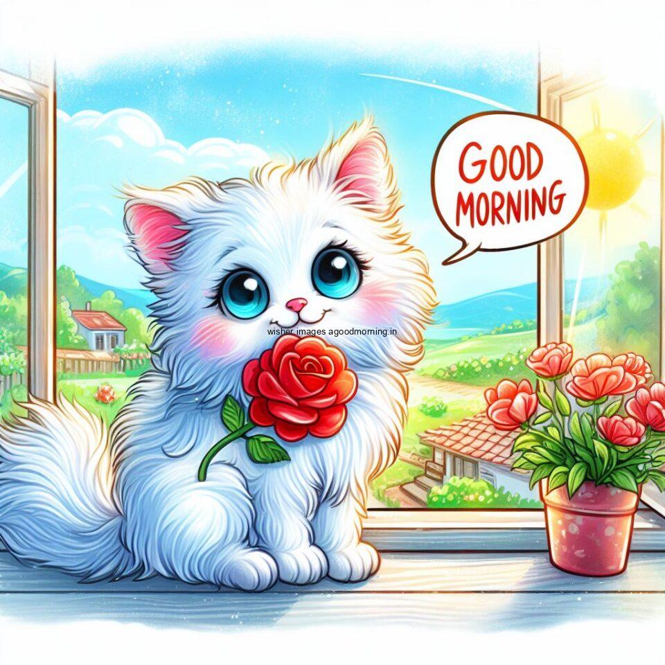 cartoon cat seating on table with flower in the pot hd good morning image