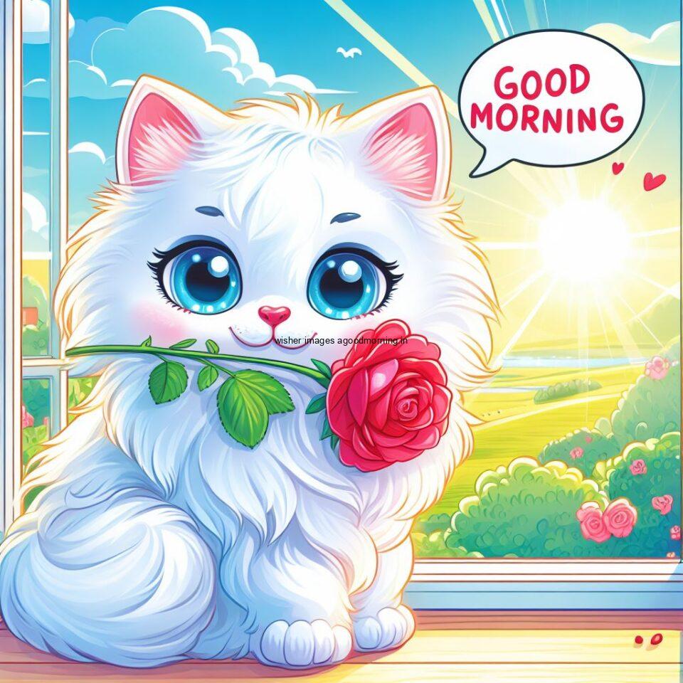 cartoon cat seating on window with flower in the pot hd good morning image