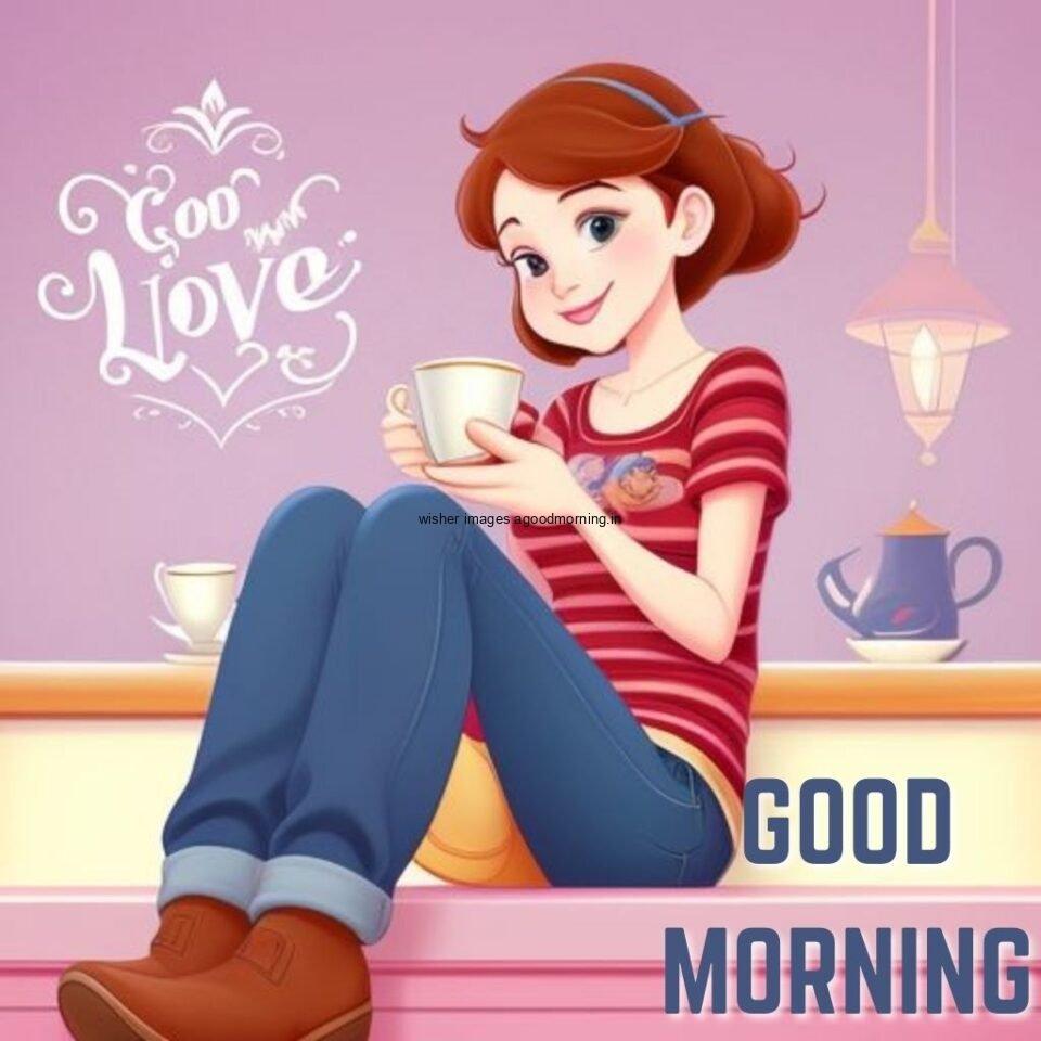 cartoon cute girl seating in bed and smile jeans dress wearing standing in the cafe with cute eyes Hd good morning images