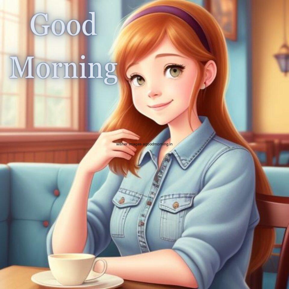 cartoon cute girl seating in table and smile jeans dress wearing standing in the cafe with cute eyes Hd good morning images