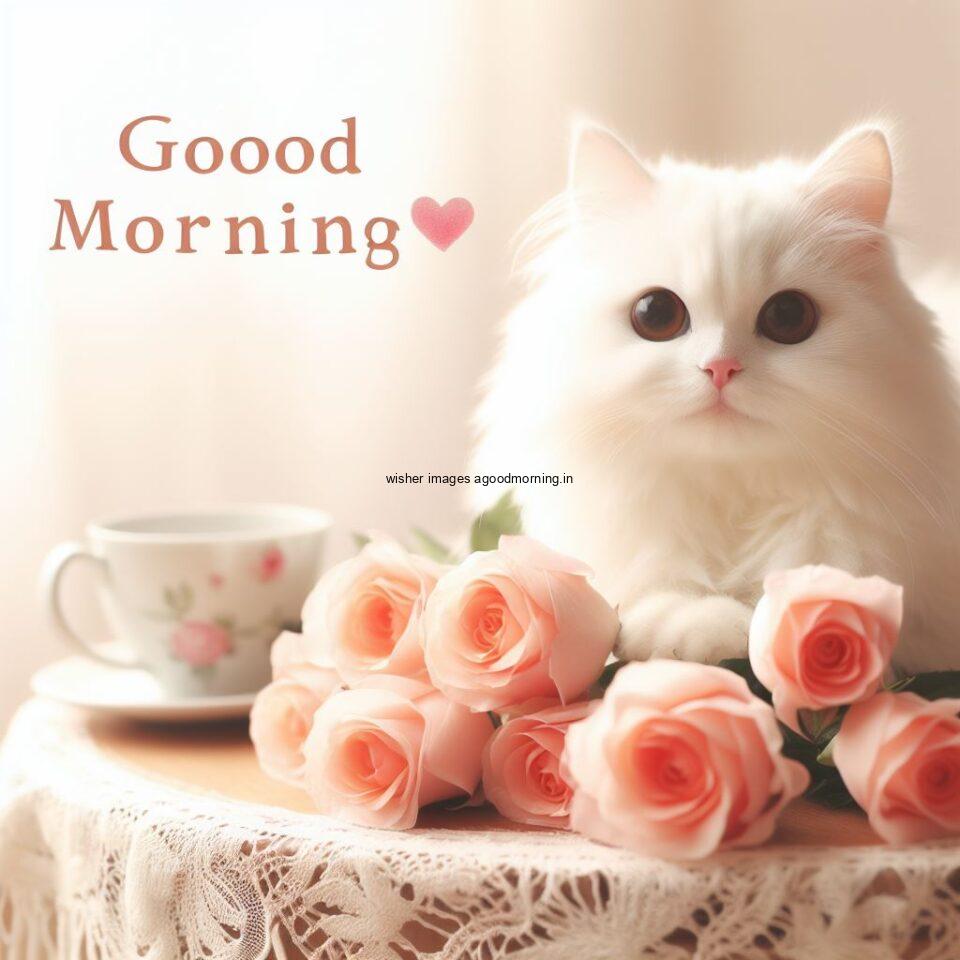 cat seating on table tea with many flower hd good morning image