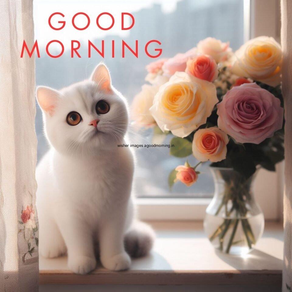 cat seating on table with flower in the pot hd good morning image red colour good morning