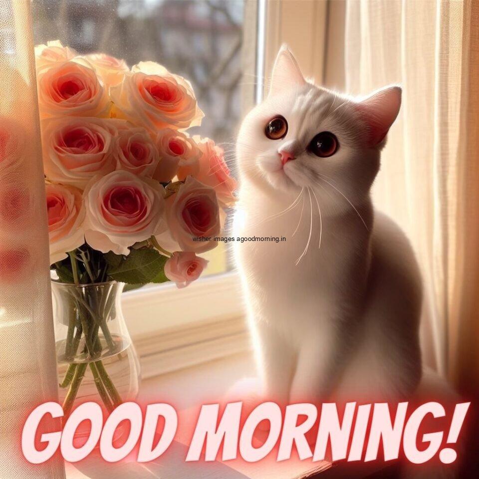 cat seating on table with flower in the pot hd good morning image red good morning