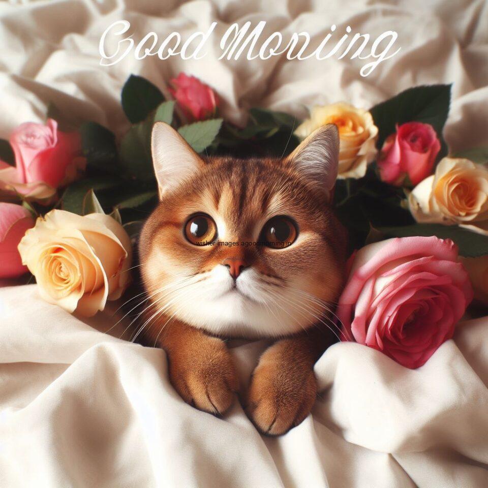 cat sleeping on bed with flower hd good morning image