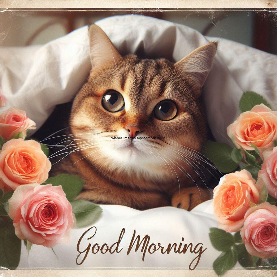 cat sleeping on bed with many colour flower hd good morning image