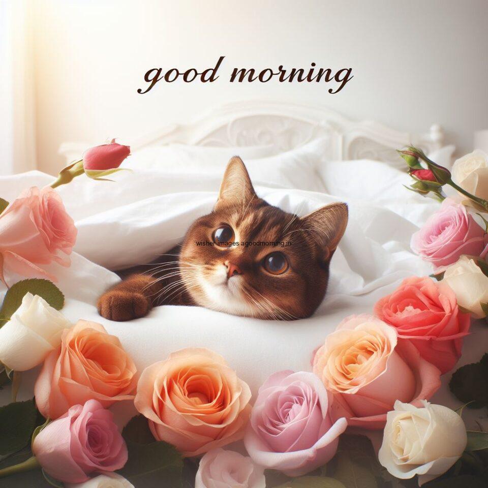 cat sleeping on bed with many flower hd good morning image