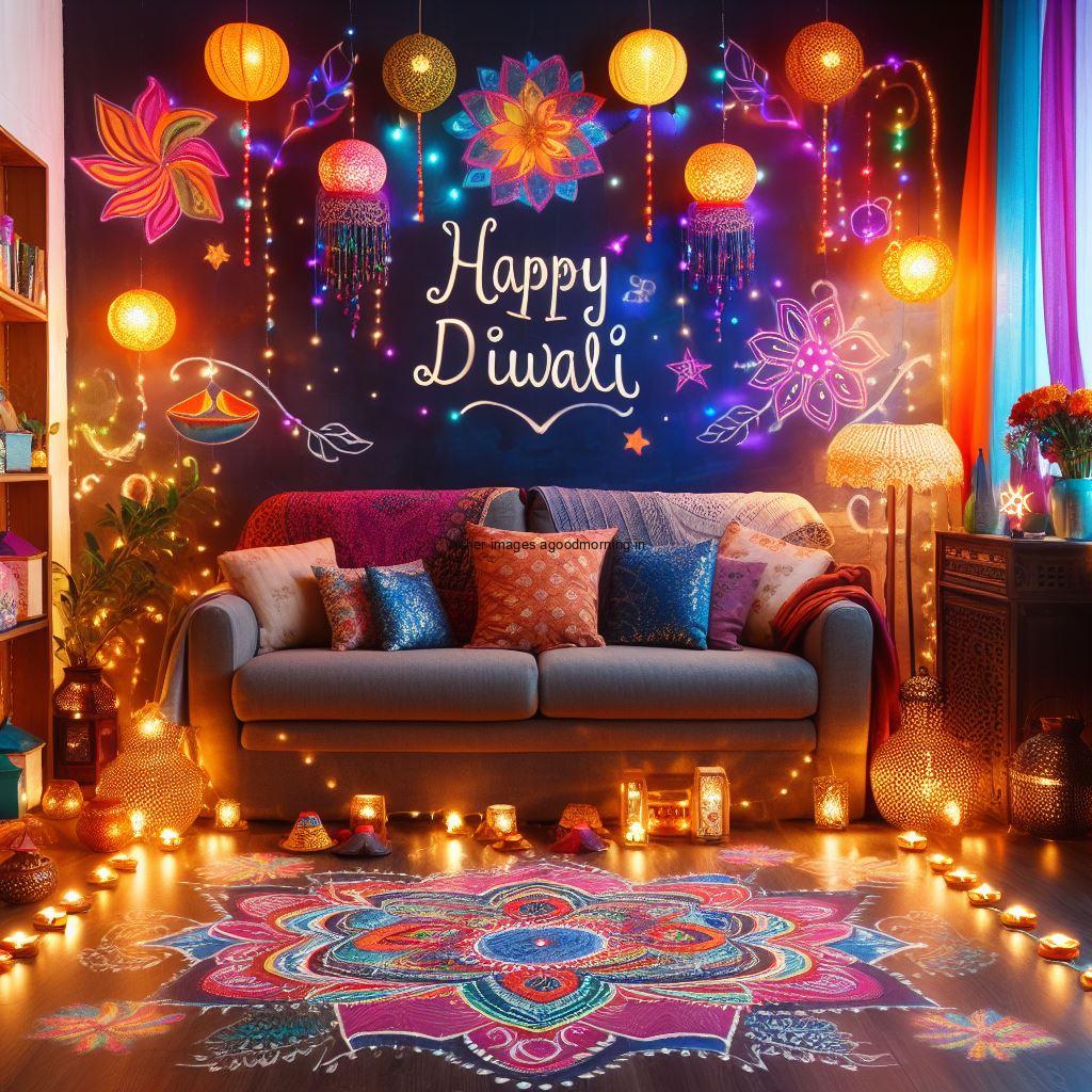 colourful rangloi with Beauitful house with purple background happy diwali images