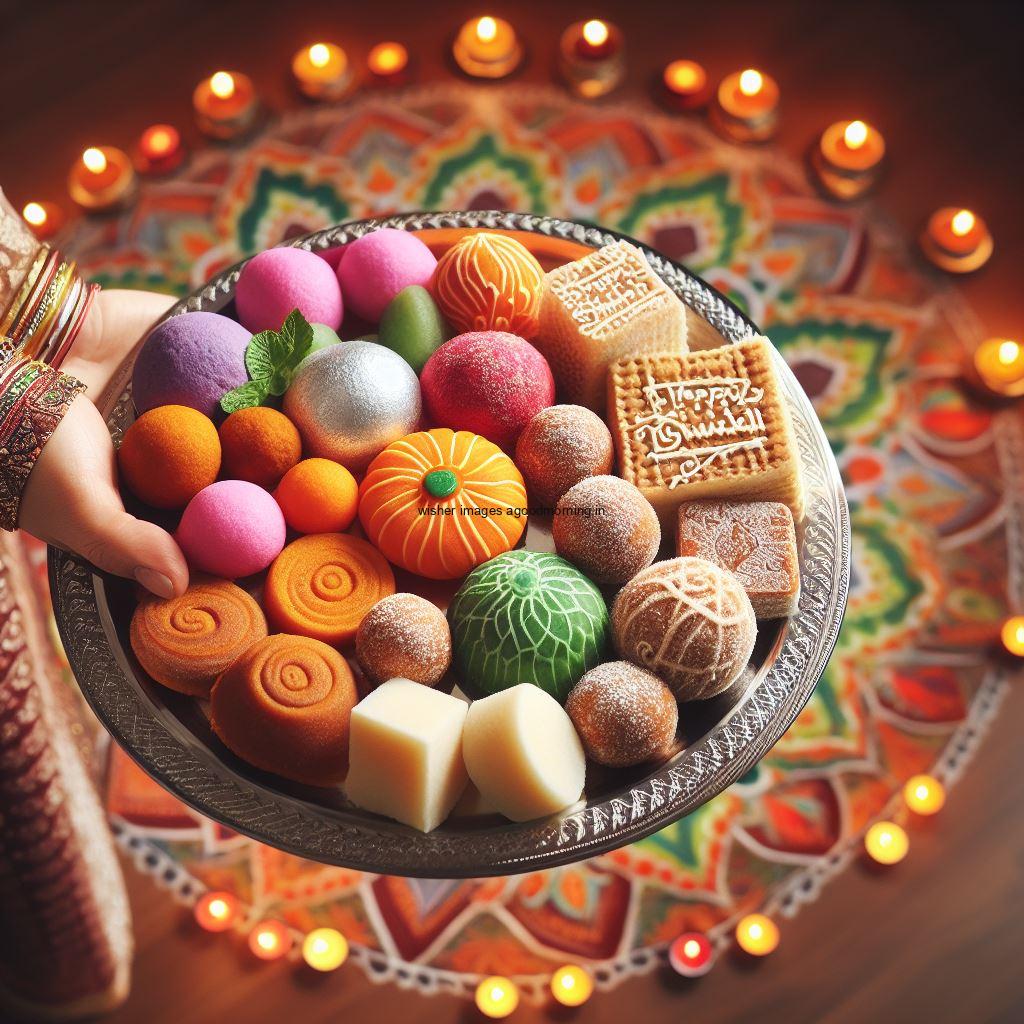 colourful sweet plate in the hand with rangloi diya happy diwali image placed in the middle