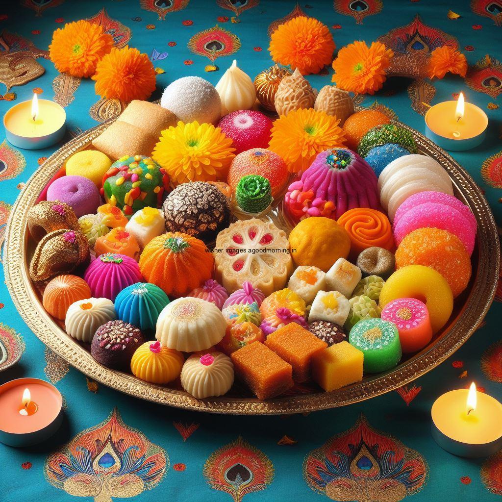 colourful sweet plate in the hand with rangloi happy diwali image placed in the middle