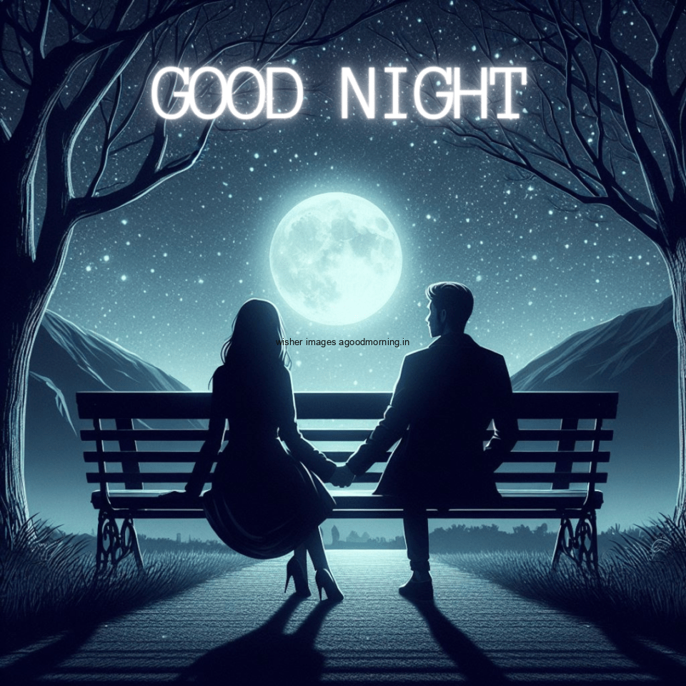 couple holding the hands and seating on the table with full moon good night images