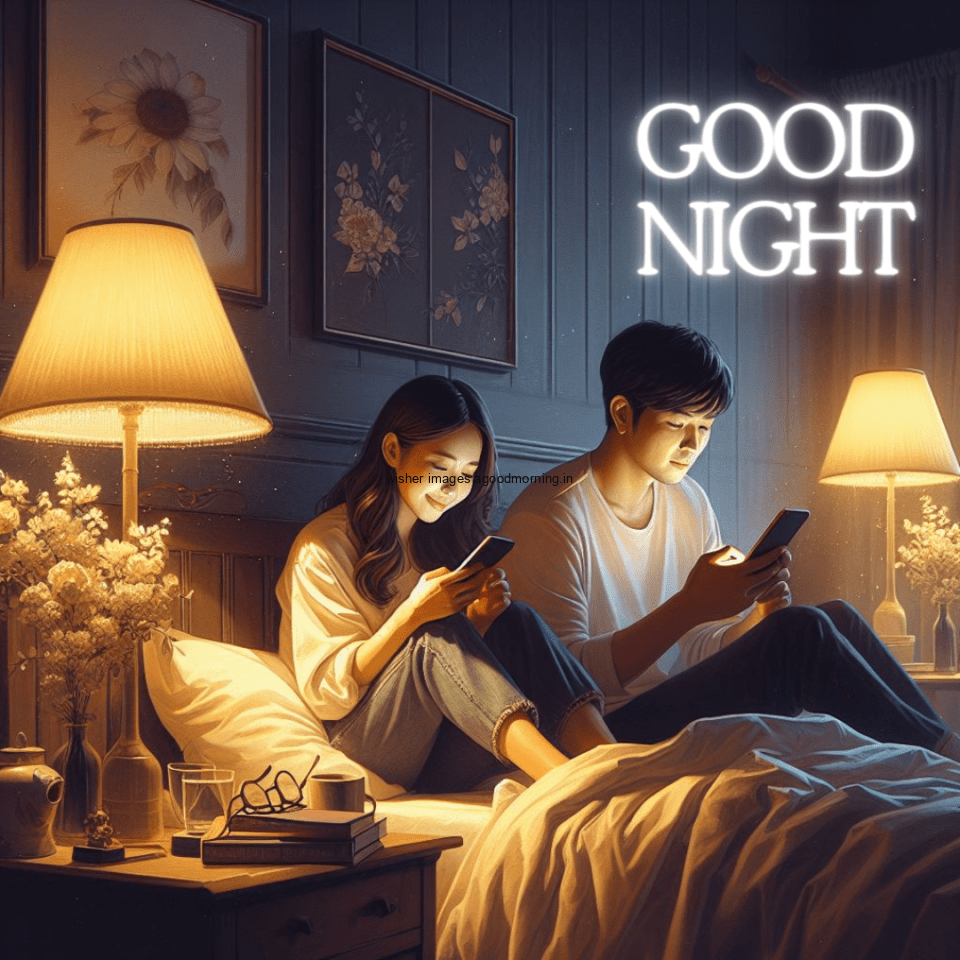 couple seating on the bed with good night images the girl is using the mobile