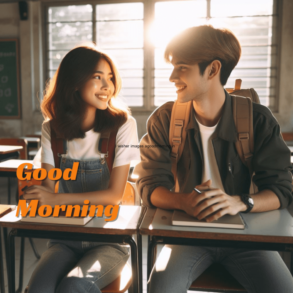 couple seating on the chair good morning images with orange text