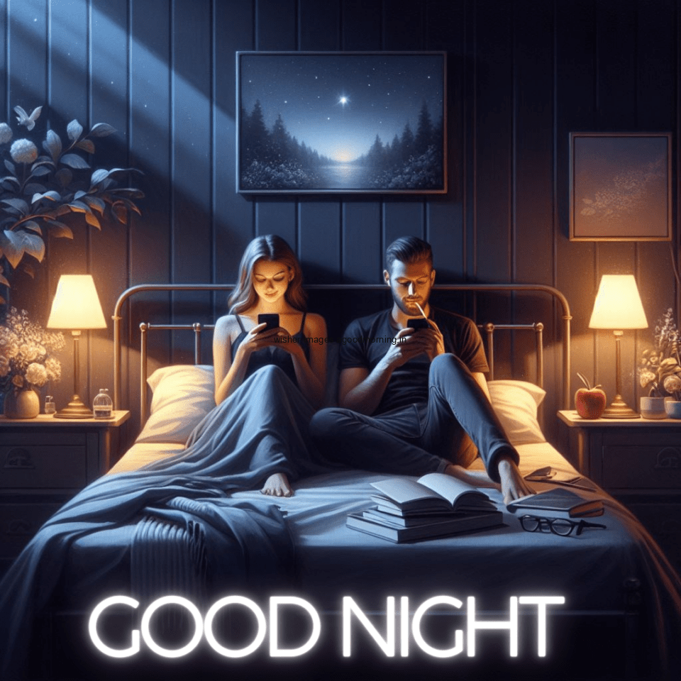 couples seating on the bed with good night images the girl is using the mobile