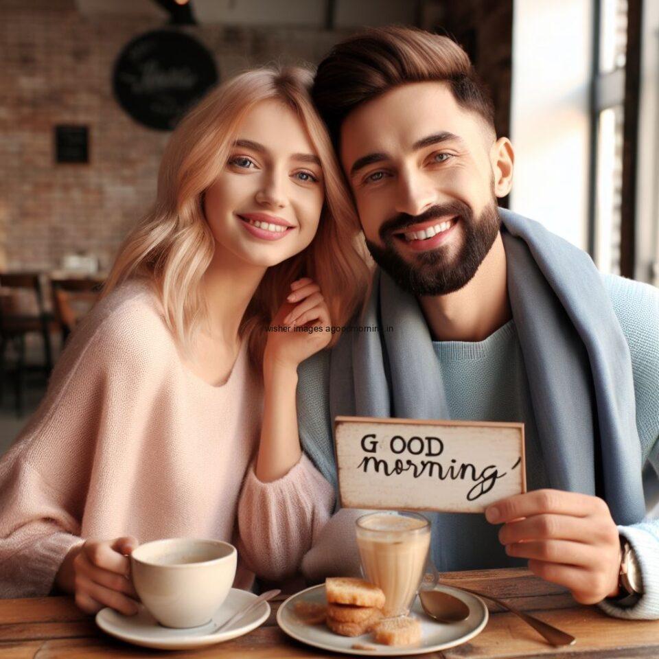 cute couple seating in front of table and enjoy the movement and breakfast and food good morning love images