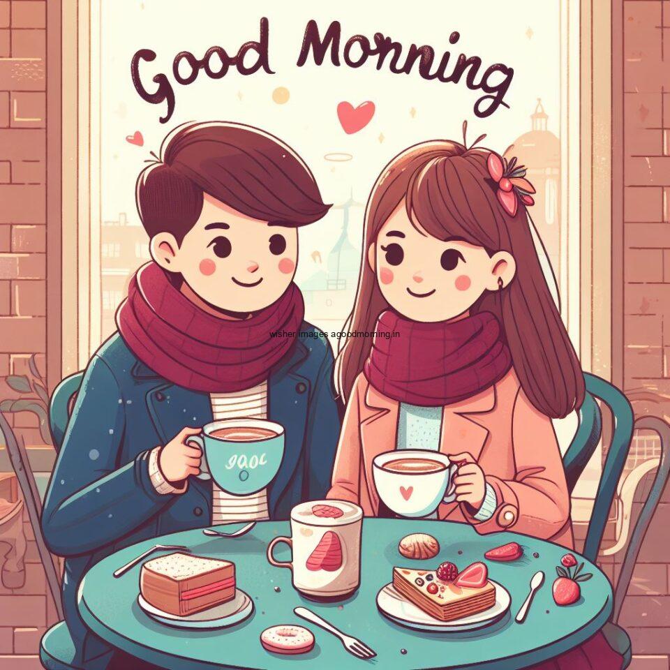 cute couple seating in front of table and enjoy the movement and breakfast and food good morning love images beautiful smile