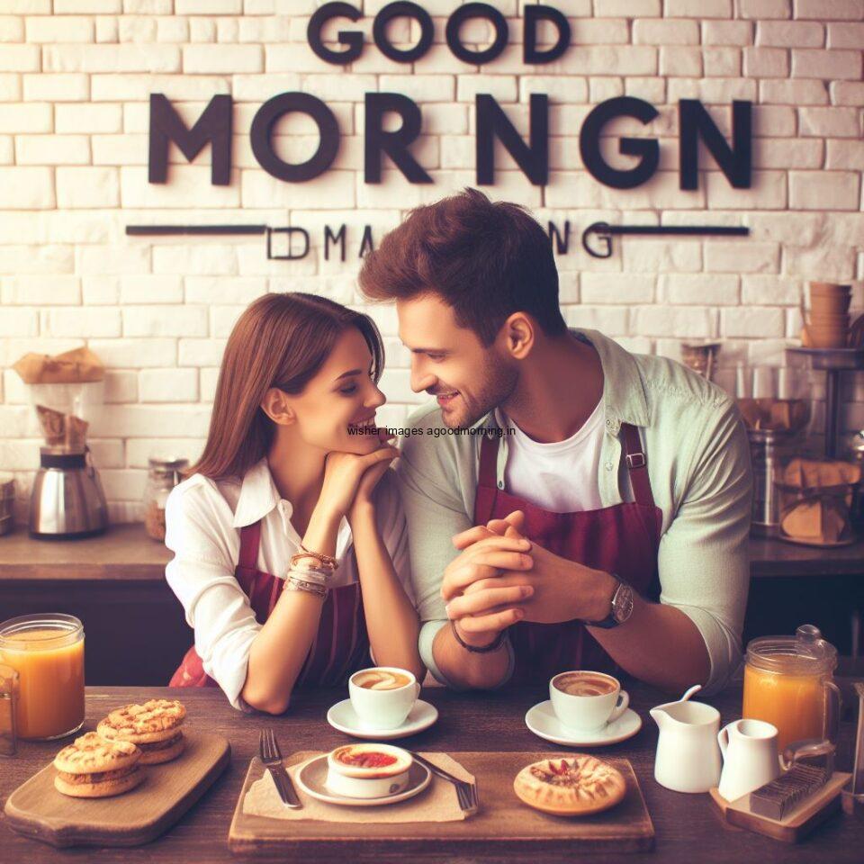 cute couple seating in front of table and enjoy the movement and breakfast and food good morning love images beautiful wall