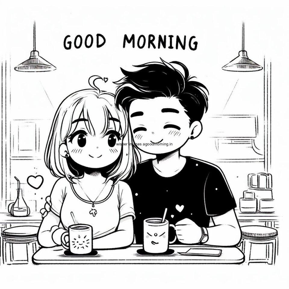 cute couple seating in front of table and enjoy the movement and breakfast and food good morning love images black and white table