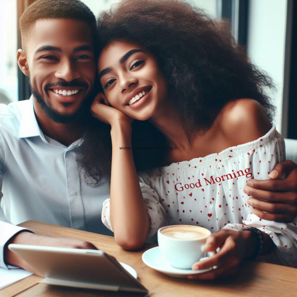 cute couple seating in front of table and enjoy the movement and breakfast and food good morning love images brown couple