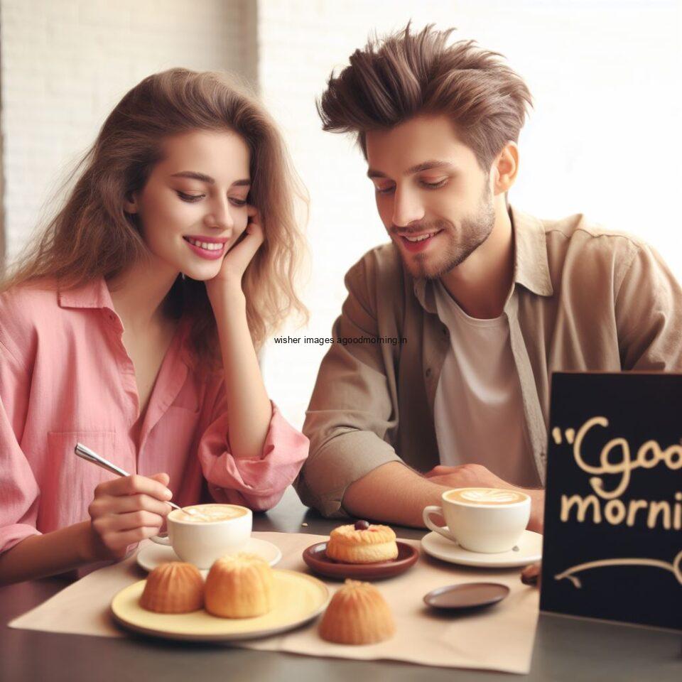 cute couple seating in front of table and enjoy the movement and breakfast and food good morning love images food