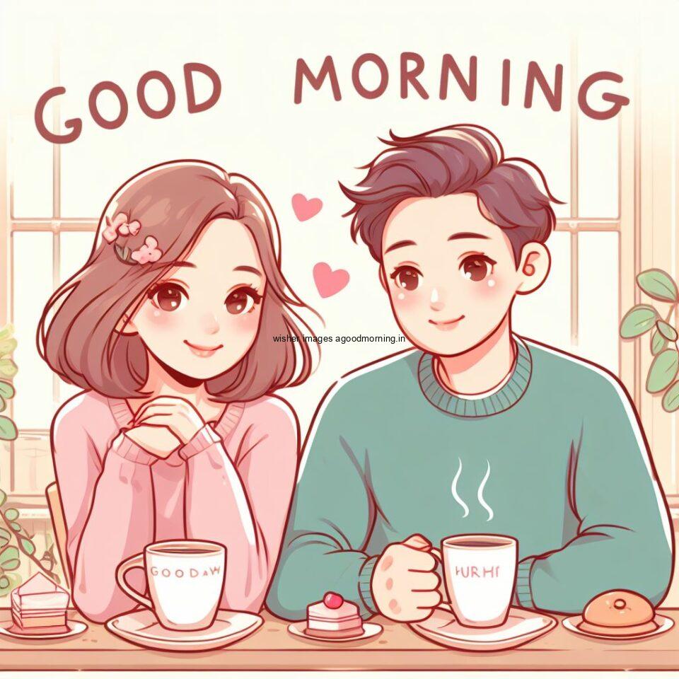 cute couple seating in front of table and enjoy the movement and breakfast and food good morning love images hit coffee cup