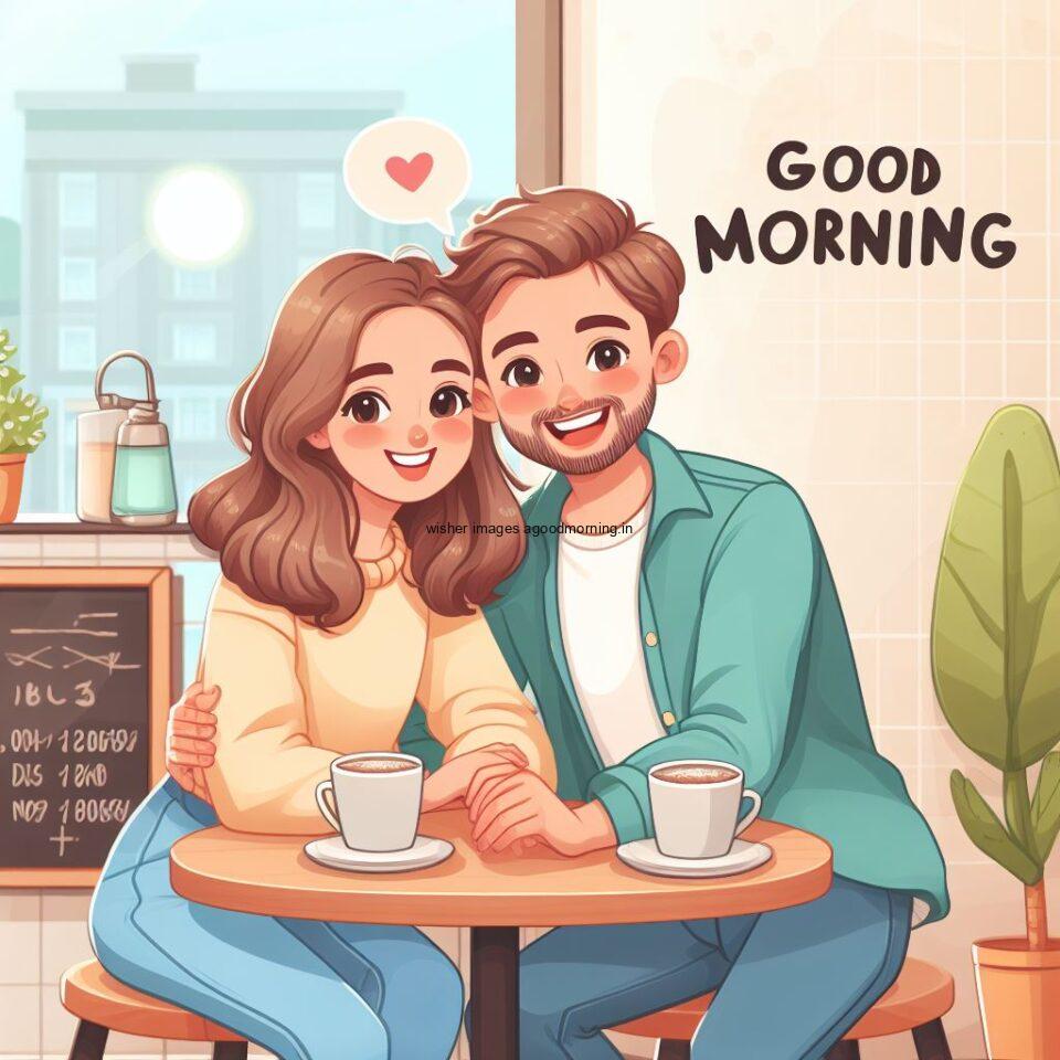 cute couple seating in front of table and enjoy the movement and breakfast and food good morning love images hug each other