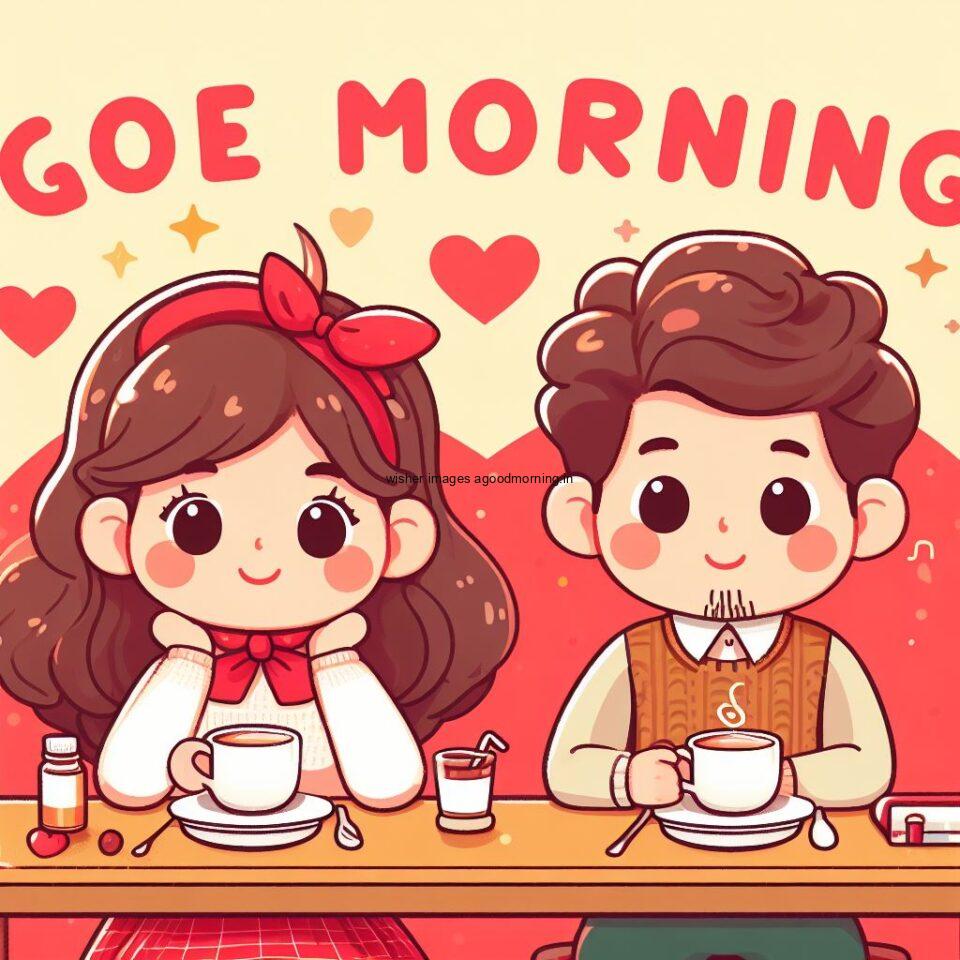 cute couple seating in front of table and enjoy the movement and breakfast and food good morning love images red table