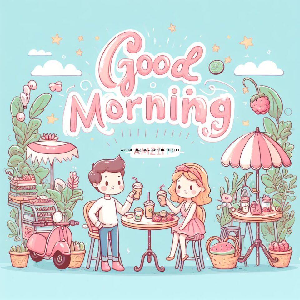 cute couple seating in front of table and enjoy the movement and breakfast and food good morning love images sky blue background with beauitful good morning