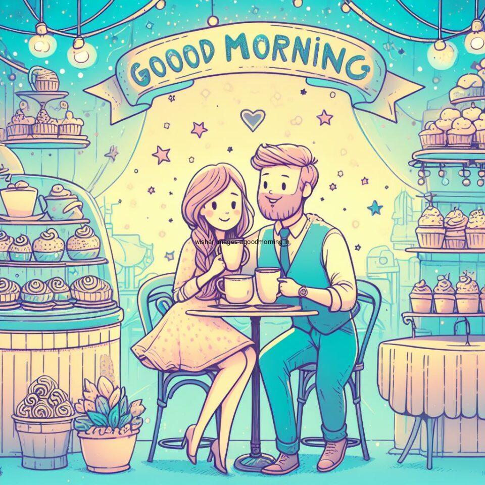 cute couple seating in front of table and enjoy the movement and breakfast and food good morning love images sky blue background with sweets and cake