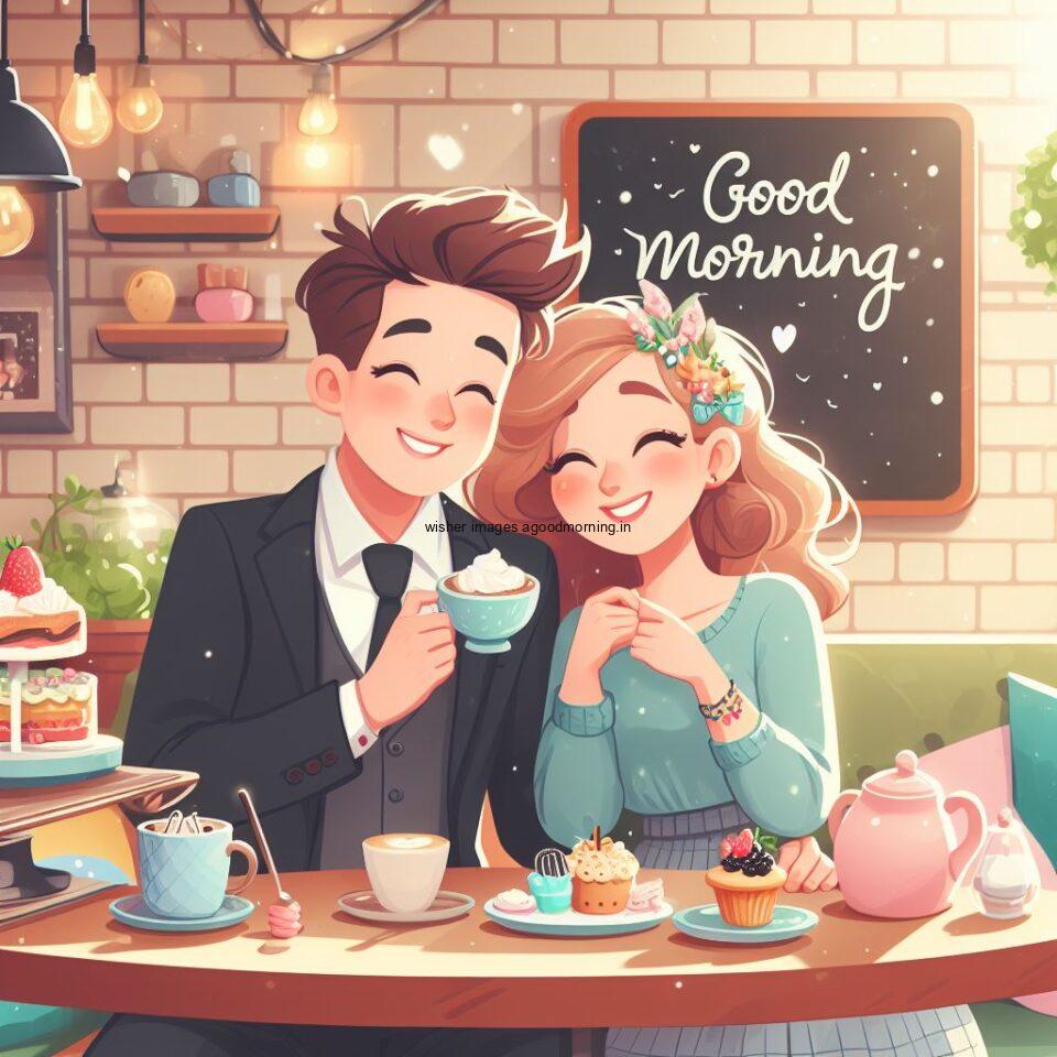 cute couple seating in front of table and enjoy the movement and breakfast and food good morning love images table of coffee