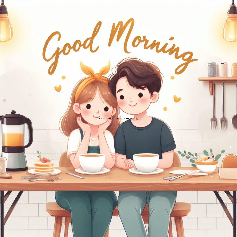 cute couple seating in front of table and enjoy the movement and breakfast and food good morning love images white background with cute couple