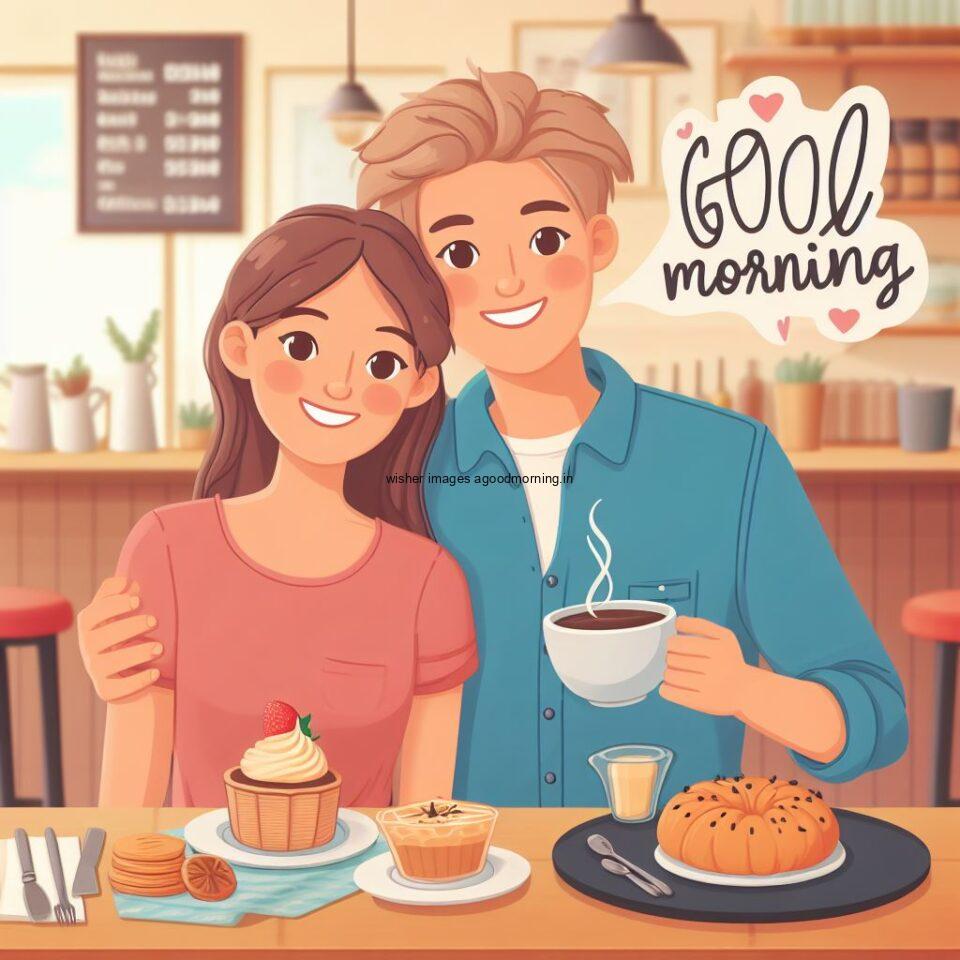 cute couple seating in front of table and enjoy the movement and breakfast and food good morning love images white with coffee