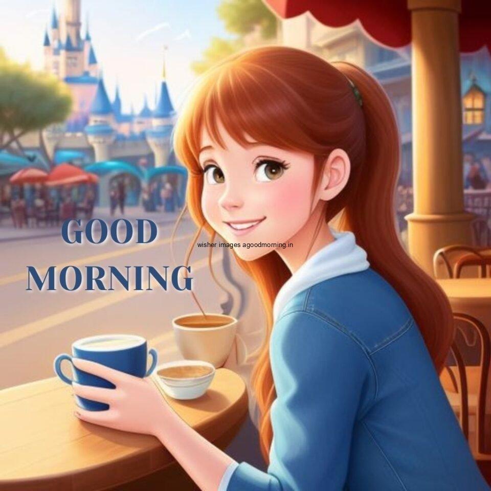 cute girl seating in table and smile blue dress wearing standing in the cafe with cute eyes beautifull background Hd good morning images