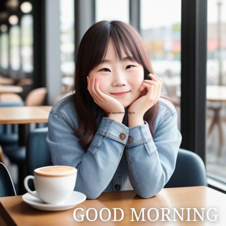 cute girl seating in table and smile jeans dress wearing standing in the cafe with cute eyes Hd good morning images