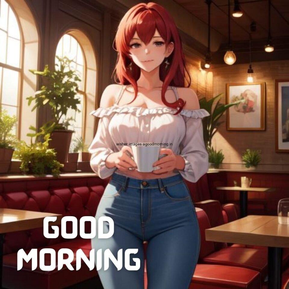 cute girl seating in table and smile jeans dress wearing standing in the cafe with cute eyes Hd good morning images behind the girl sunlight comes