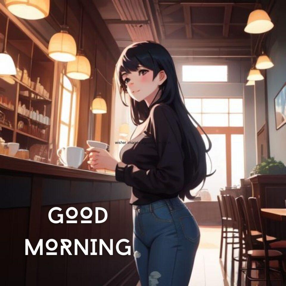 cute girl seating in table and smile jeans dress wearing standing in the cafe with cute eyes Hd good morning images big but