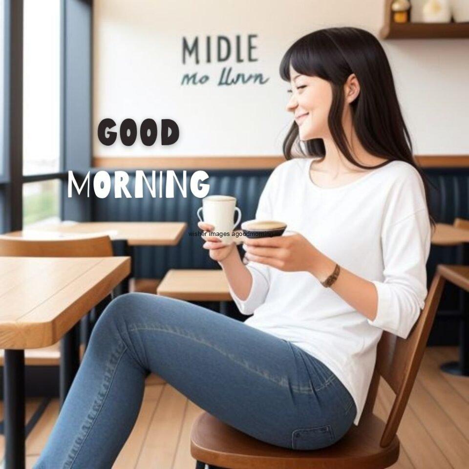 cute girl seating in table and smile jeans dress wearing standing in the cafe with cute eyes Hd good morning images black and white text placed