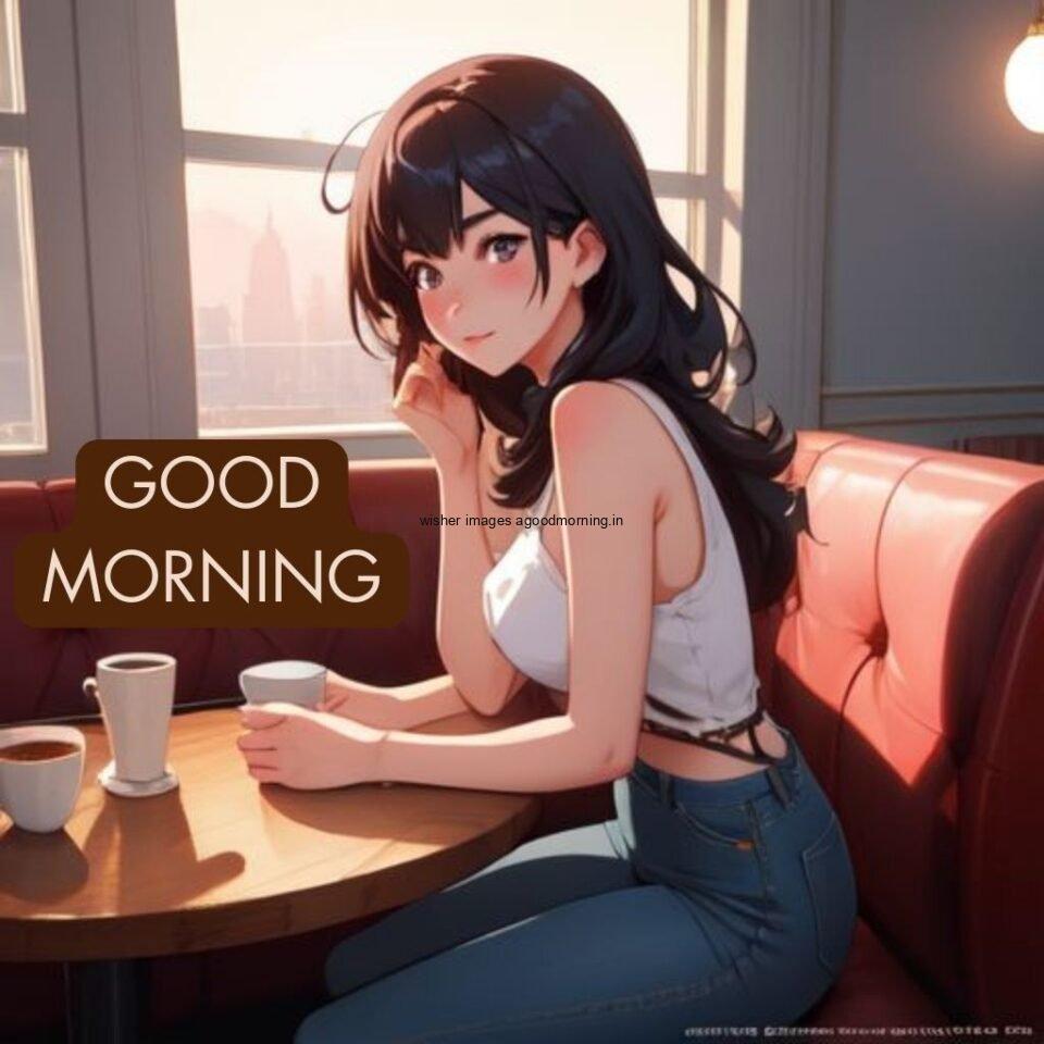 cute girl seating in table and smile jeans dress wearing standing in the cafe with cute eyes Hd good morning images brown text