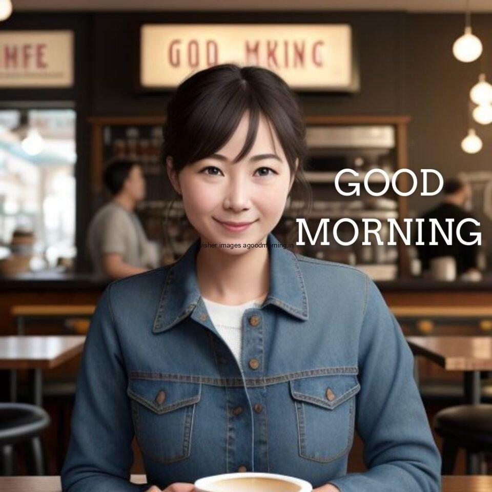 cute girl seating in table and smile jeans dress wearing standing in the cafe with cute eyes Hd good morning images cafe background