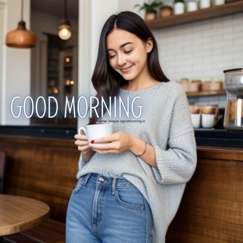 cute girl seating in table and smile jeans dress wearing standing in the cafe with cute eyes Hd good morning images style font set