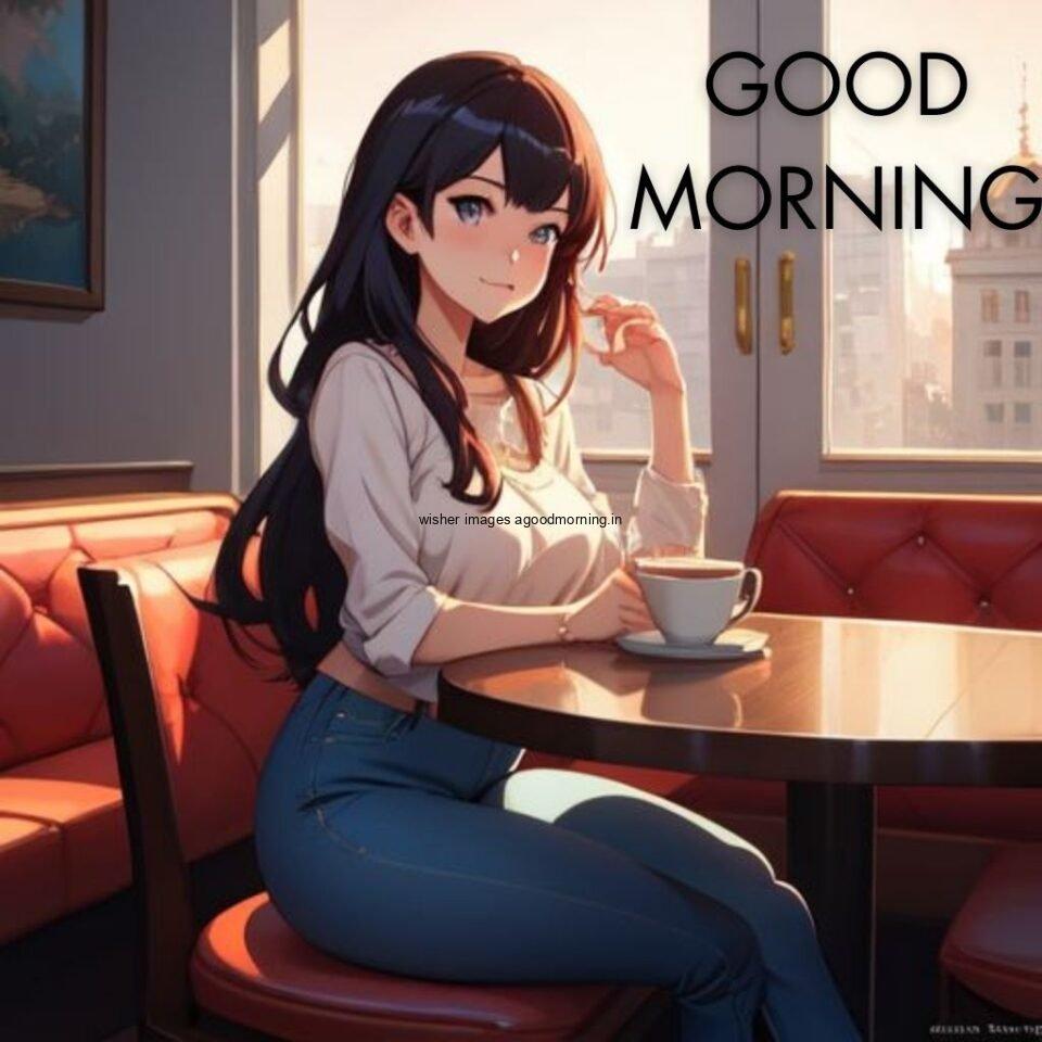 cute girl seating in table and smile jeans dress wearing standing in the cafe with cute eyes Hd good morning images sunlight comes from the window