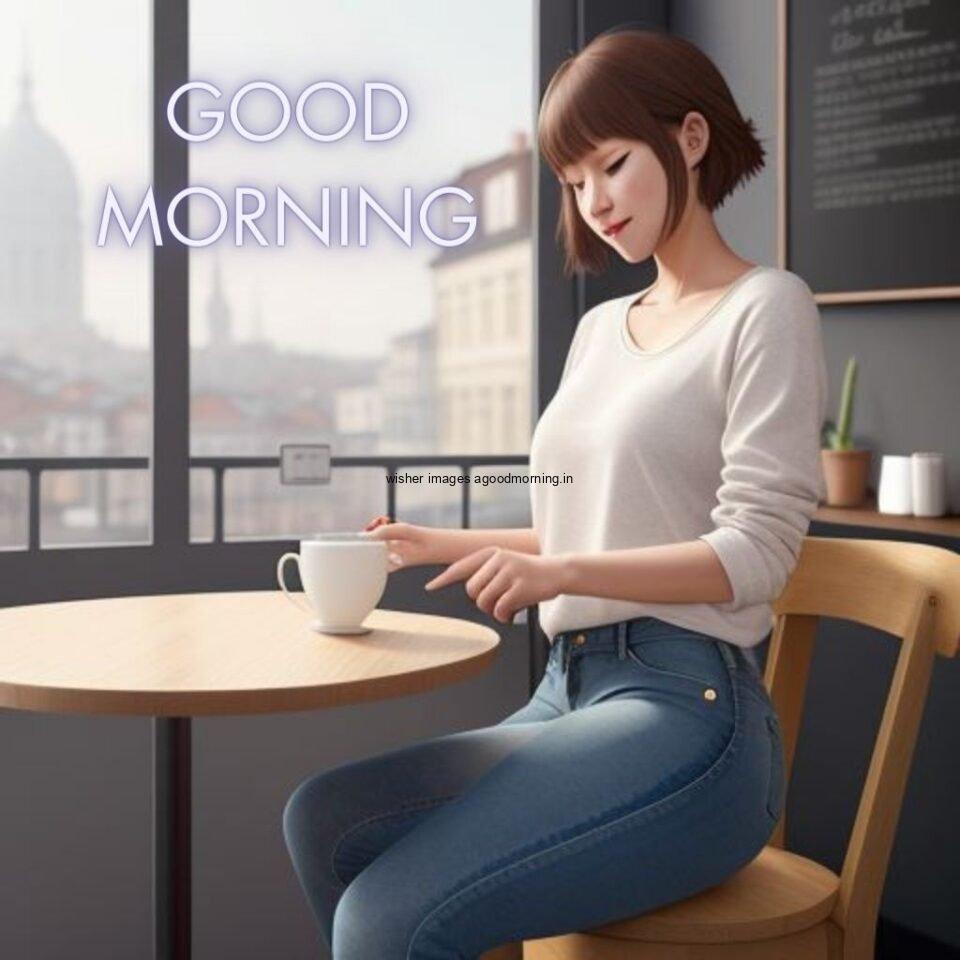 cute girl seating in table and smile jeans dress wearing standing in the cafe with cute eyes Hd good morning images text