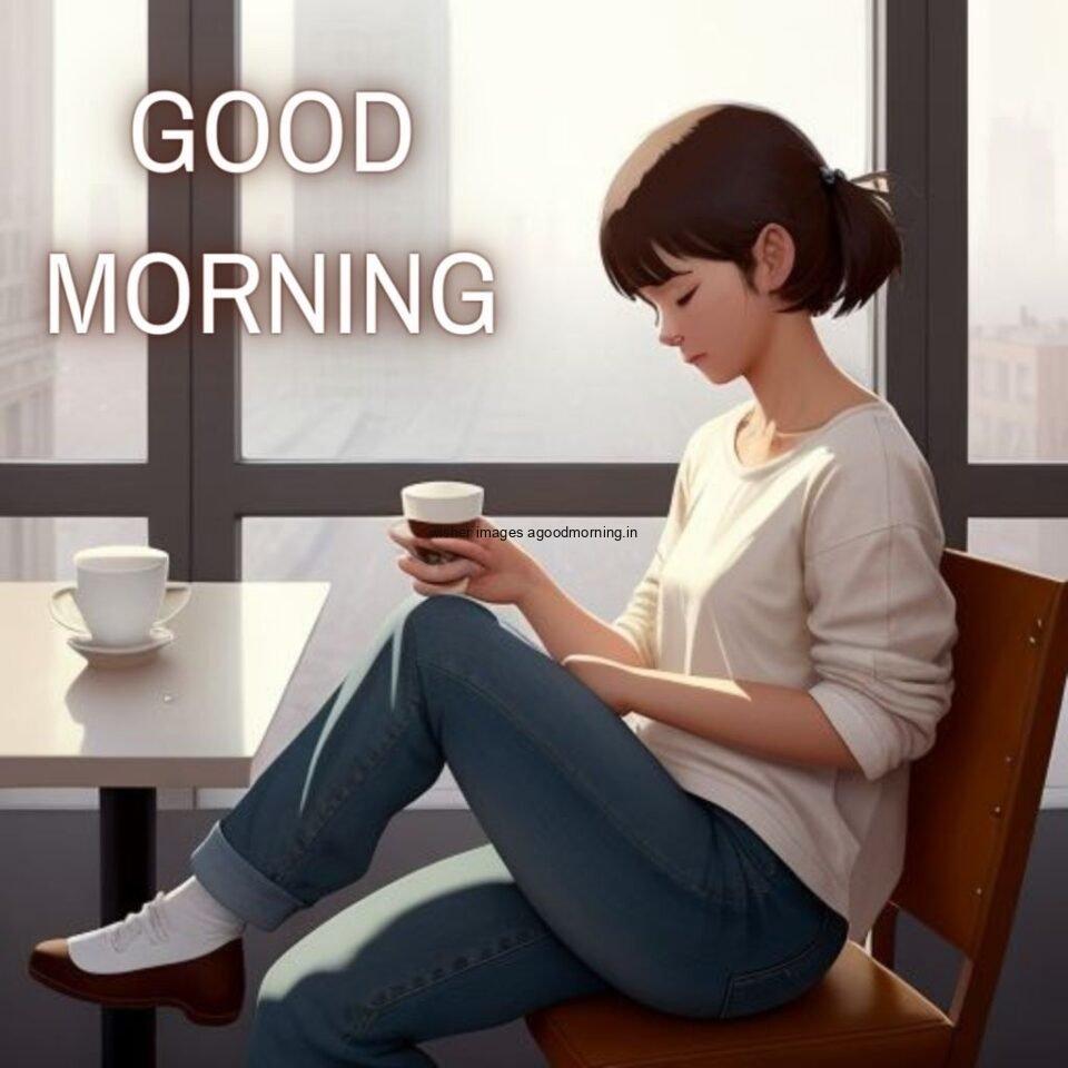 cute girl seating in table and smile jeans dress wearing standing in the cafe with cute eyes Hd good morning images text cup in the girl hand