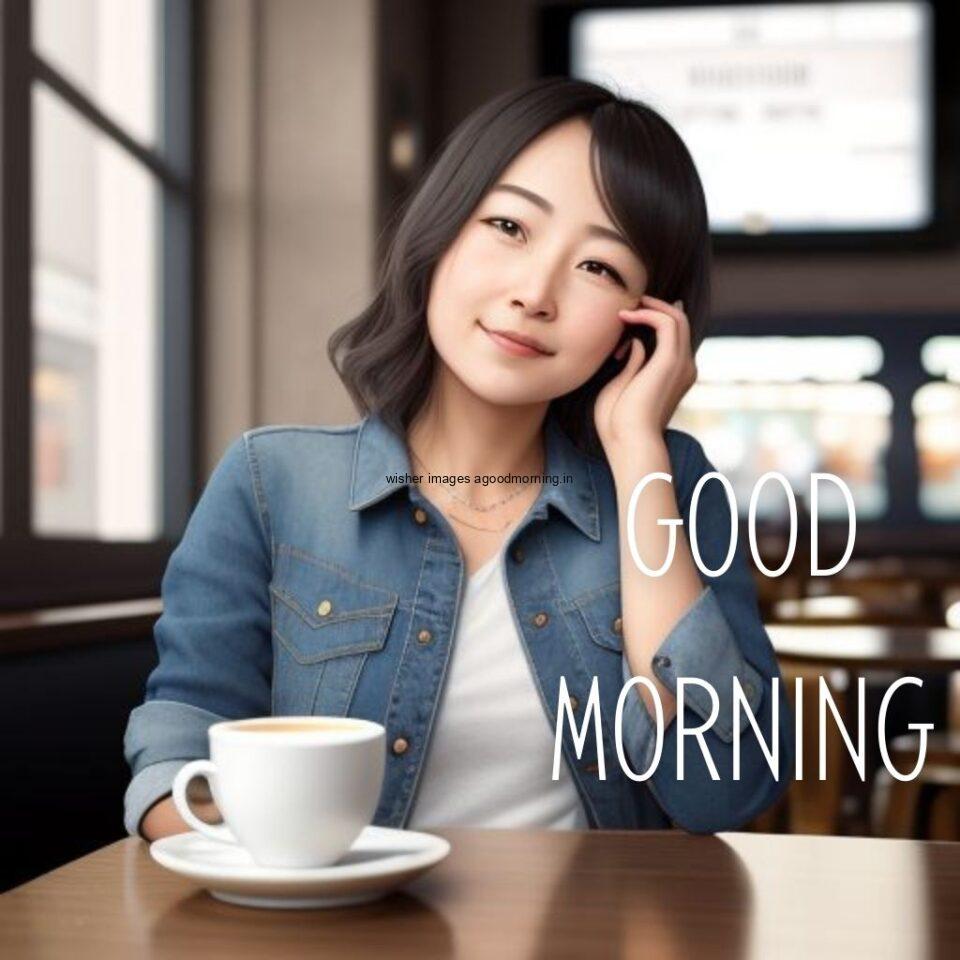 cute girl seating in table and smile jeans dress wearing standing in the cafe with cute eyes Hd good morning images text white